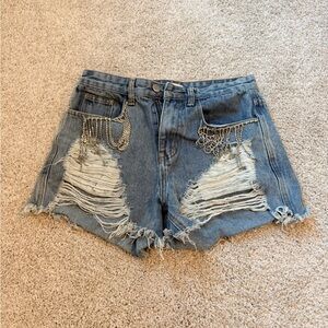 POL Blue Distressed Jean Shorts with Chain Accents